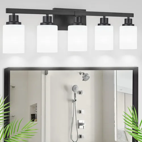 Vista 29 de Juego de 2 apliques de pared para baño, 1 luz negra, apliques de pared modernos para interiores con pantallas de vidrio blanco, lámpara de pared