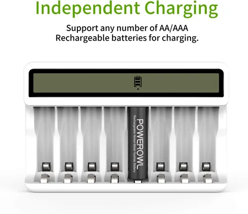 Vista 3 de Powerowl Cargador de Batería de 8 Compartimentos AA AAA con Pantalla LCD (Carga Rápida USB, Ranura Independiente) para Baterías Recargables Ni-MH