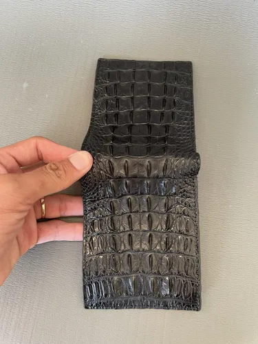 Vista 3 de VN Billetera plegable de cuero de piel de cocodrilo genuino de doble cara negra y púrpura para hombre, cartera exótica hecha a mano, regalo para él