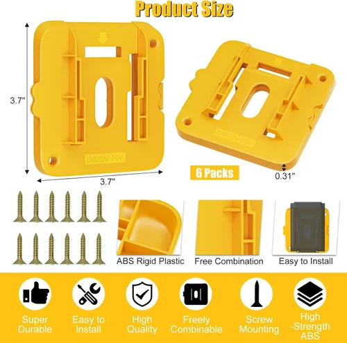 Vista 7 de 6 Pack Battery Mount Holder Compatible for Dewalt 20V 60V Battery Holder Fit for DCB200 DCB203 DCB206 Batteries Wall, Work Van, Shelf, Toolbox