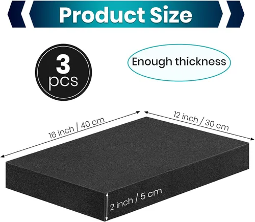 Vista 2 de 3 piezas de insertos de espuma de 16 x 12 x 2 pulgadas para estuches, espuma de poliuretano, hojas de espuma negra para embalaje, acolchado de 2