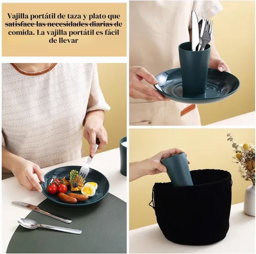 Vista 5 de Evanda Juego de cubiertos de camping, taza ligera reutilizable, plato y cubiertos de acero inoxidable con bolsa negra, apto para lavavajillas 1.1