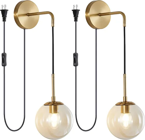 Vista 13 de KCO Lighting Juego de dos apliques de pared de vidrio blanco esmerilado con globo esférico dorado de latón, luz de pared con cable ajustable