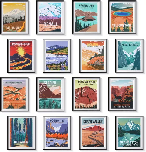 Vista 8 de Gersoniel 16 pósteres de Parque Nacional vintage de 16 impresiones de viaje, arte de pared, arte abstracto de pared y montaña, juego de impresiones