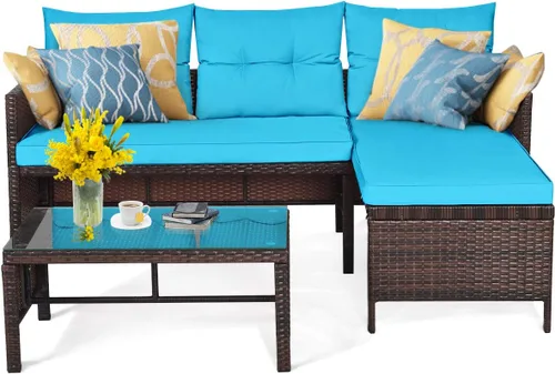 Vista 9 de RELAX4LIFE Juego de muebles de patio de 3 piezas, juego de sofá seccional de mimbre para exteriores con cojín lavable, mesa de centro de vidrio