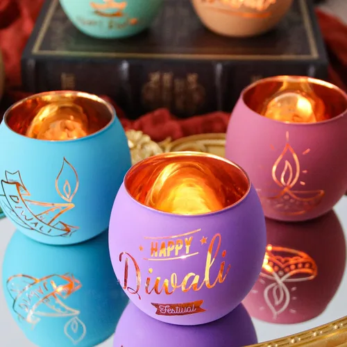 Vista 5 de SHMILMH Diwali Gifts - 6 piezas de decoraciones Happy Diwali para el hogar, candelita de cristal colorido para fiestas, centro de mesa Deco
