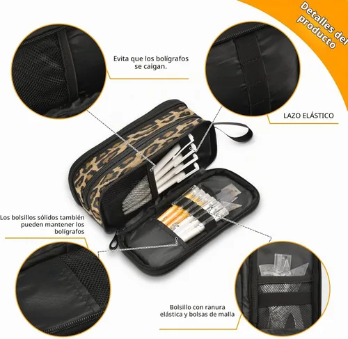 Vista 4 de Kcldeci Estuche para lápices de animales africanos con textura de leopardo, piel de leopardo, gran capacidad, estuche para lápices, bolsa