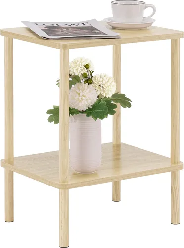 Vista 13 de Apicizon - Mesa auxiliar de 2 niveles, pequeña mesa auxiliar con patas de madera maciza, mesa de noche estilo boho con estante de almacenamiento