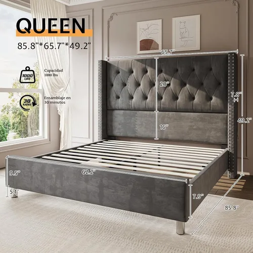 Vista 2 de PaPaJet Marco de cama de terciopelo Queen con cabecera de ala de 49.2 Gris