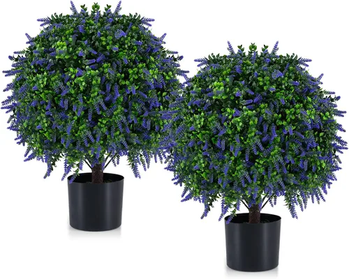 Vista 12 de Goplus Árbol de bola de cedro artificial de 21.5 pulgadas, juego de 2 plantas artificiales en maceta, arbustos artificiales con maceta de cemento