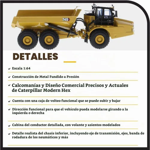 Vista 4 de Diecast Masters 1:64 Cat 745 Camión articulado, 6.75 x 2.75 x 2.5 in, Metal y plástico, amarillo