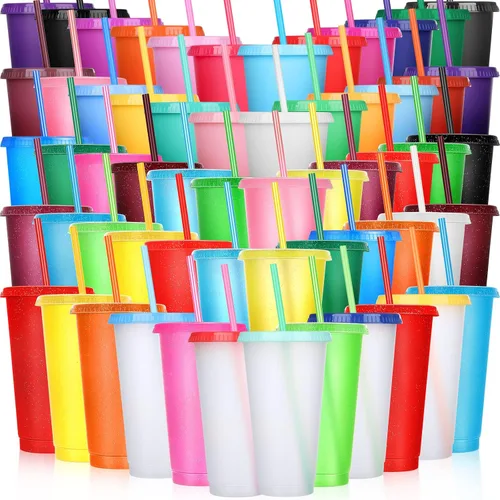 Vista 18 de Honeydak Paquete de 60 vasos con popote y tapa, vasos a granel para regalos, tazas de café de plástico con purpurina de 24 a 27 onzas, botella