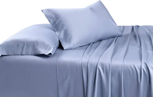Vista 16 de Juego de sábanas sedosas y suaves de bambú-algodón híbrido, sábanas de cama 100 % de bambú-algodón. Azul