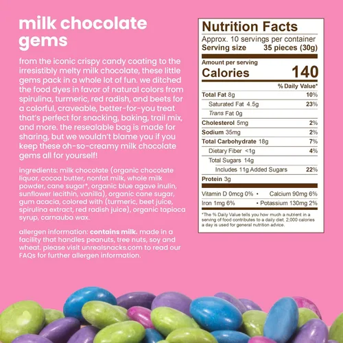 Vista 2 de UNREAL Gemas de chocolate con leche, certificado de comercio justo, sin OMG, fabricadas con ingredientes y colores sin gluten de la naturaleza, sin