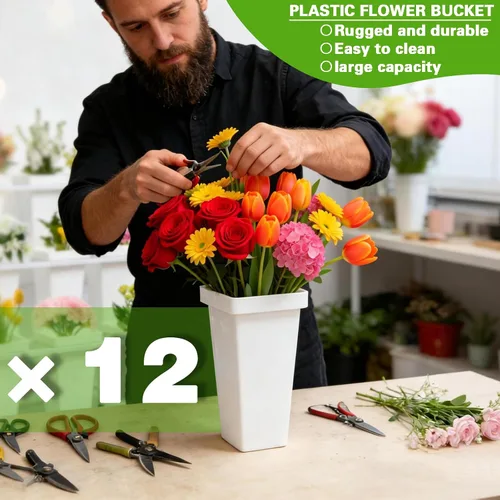 Vista 8 de Soporte de exhibición de flores de metal de 3 niveles, carrito móvil resistente para plantas de flores con 12 cubos y ruedas con cerradura, estante