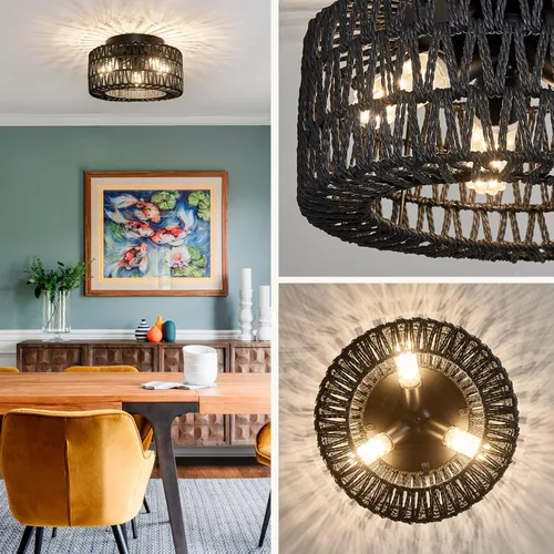 Vista 2 de Lámparas de Techo de Ratán para Montaje, Lámpara de Techo Empotrada Boho de 3 Luces, Iluminación de Lámpara con Pantalla de Jaula Tejida a Mano