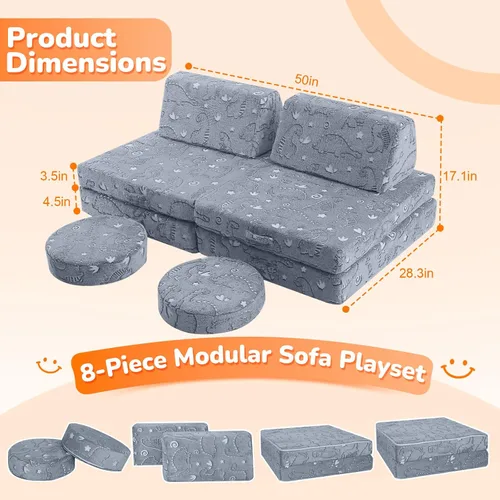 Vista 2 de Sofá modular para niños MeMoreCool – Sofá de dinosaurio de 8 piezas que brilla en la oscuridad para niños pequeños convertible en fuerte constructor