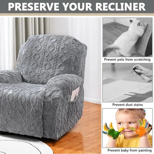 Vista 4 de OQHAIR Funda de terciopelo para sillón reclinable grande, 4 piezas, elástica, suave, con bolsillos, protector de muebles, color beige, 2 plazas