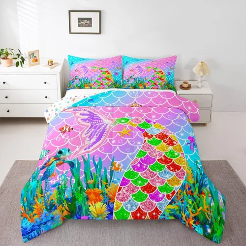 Vista 45 de Feelyou Juego de ropa de cama de sirena suave para niños y niñas, juego de edredón de escamas de peces oceánicos, tamaño individual, edredón