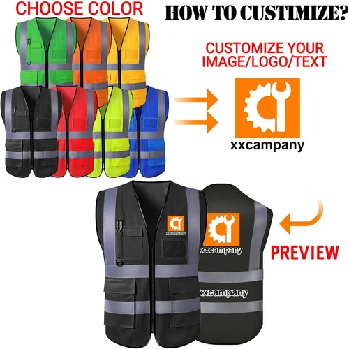 Vista 4 de Chaleco de seguridad personalizado para hombre con bolsillos con logo, chalecos reflectantes de alta visibilidad para construcción, ropa