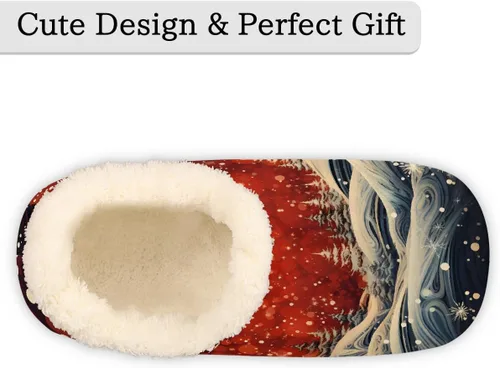 Vista 4 de Pantuflas mullidas antideslizantes para mujer con forro esponjoso, acogedoras pantuflas de dormitorio para mujer Abstract Red Snowflake Pine Trees
