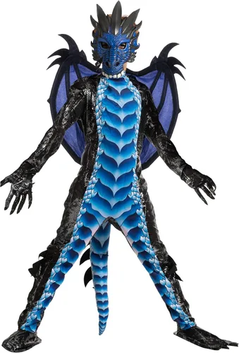 Vista 2 de Spooktacular Creations Disfraz de dragón negro y azul para niños alas de dragón y máscara para fiestas de Halloween cosplay