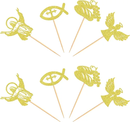Vista 7 de Ercadio Paquete de 24 adornos para magdalenas de Jesús con purpurina dorada para pan de pescado para la última cena, bautismo, cruz, decoración