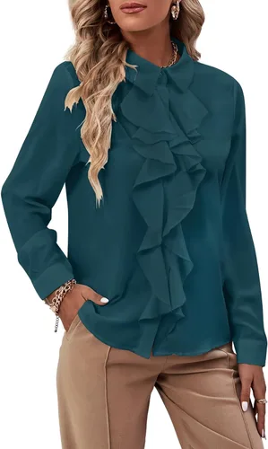 Vista 20 de LYANER - Blusa de manga larga con cuello de botón y volantes en la parte delantera para mujer