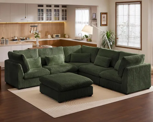 Vista 65 de Sofá Modular de Tamaño Grande, Sofá Seccional de Chenilla Cloud Extra Profundo con Chaise Otomana, Sofá Cama de Chenilla Esponjosa de 5 Asientos