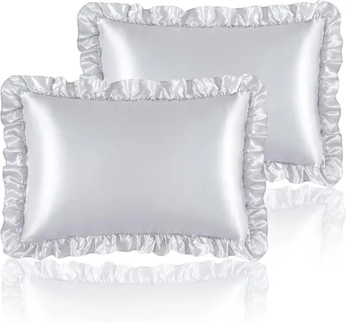 Vista 17 de Fundas de almohada de satén negro con volantes para el cabello y la piel, juego de 2 fundas de almohada de seda negras de tamaño estándar con cierre