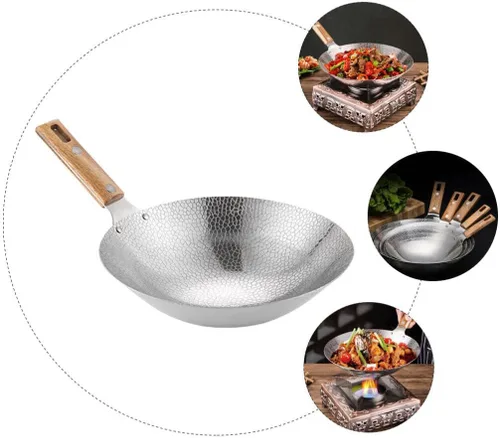Vista 5 de Luxshiny Wok de acero inoxidable de 13.38 pulgadas con mango de madera, sartén de cocina para el hogar para freír vapor y olla caliente utensilios