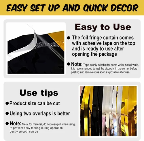 Vista 3 de Paquete de 6 cortinas de flecos de papel de aluminio negro dorado y plateado, 3.28 x 8.2 pies, cortinas metálicas de oropel para cabina de fotos
