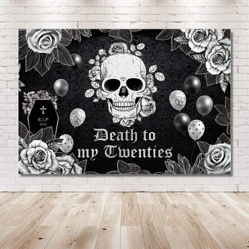 Vista 6 de MEHOFOND Telón de fondo de 7 x 5 pies de muerte a mis veinte para fiesta de cumpleaños de 30 años RIP to My 20s funeral gótico calavera rosa negra