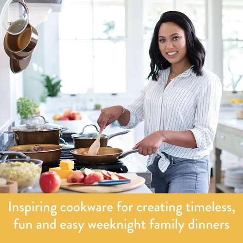 Vista 3 de Ayesha Curry Home Collection - Cacerola antiadherente con tapa, 3 cuartos de galón, color marrón