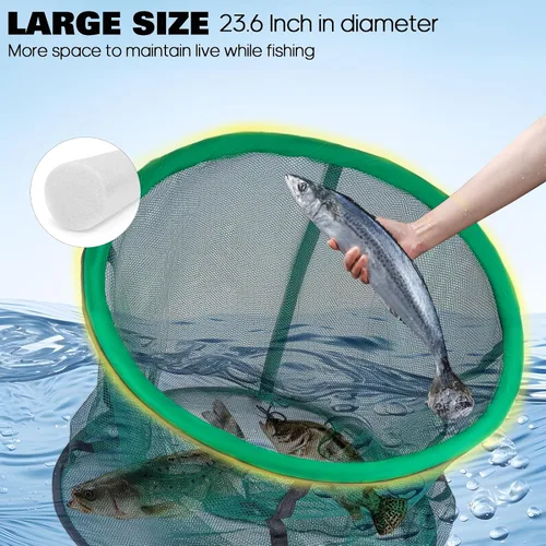 Vista 4 de QualyQualy Floating Fish Basket 41/73 Gallons Extra Large for Live Caught, Fully Foldable Fishing Net Holder for Bait Live Well Collapsible Mesh