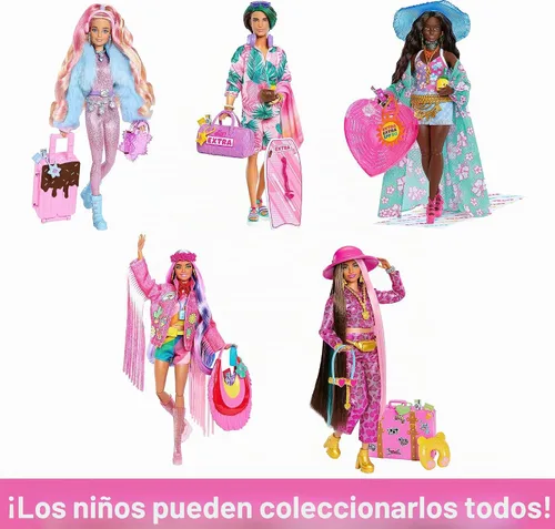 Vista 6 de Muñeca Barbie Extra Fly con ropa y accesorios de viaje con temática de playa, cubretodo tropical con sombrero y bolso de gran