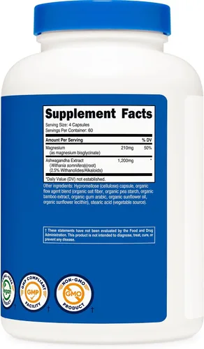 Vista 5 de Nutricost Suplemento de magnesio + Ashwagandha (1410 mg) 240 cápsulas - 210 mg de magnesio, 1,200 mg de Ashwagandha, vegano, 60 porciones