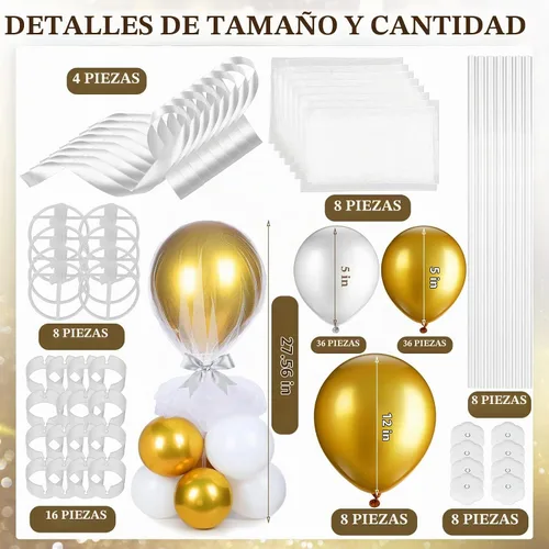 Vista 2 de BBTO Juego de 8 centros de mesa con soporte para globos, kit de 80 globos de látex y soporte de mesa con base de tul para boda, cumpleaños, baby Oro