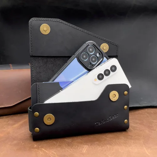 Vista 6 de Funda de cuero doble para teléfono para dos teléfonos, funda de teléfono doble para hombre, cinturón con clip para cinturón para iPhone 16 Pro Max