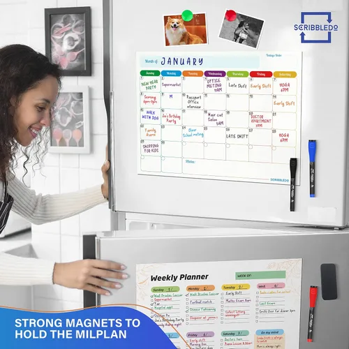 Vista 9 de Agenda mensual (paquete de 3) pizarra blanca magnética para refrigerador, calendario semanal de borrado en seco, calendario magnético