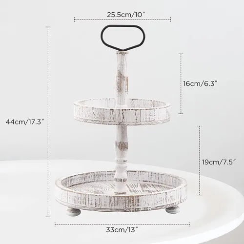 Vista 7 de Soporte de bandeja de madera de dos niveles, bandeja decorativa redonda de madera de 2 niveles con mango de metal para el hogar, cocina, decoración