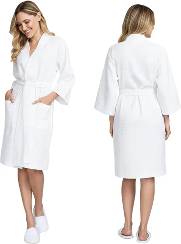 Vista 28 de Lotus Linen Women’s Lightweight Waffle Spa Robes – Soft Cotton Knee Length Bathrobe, Personalized Bridesmaids Robe Negro