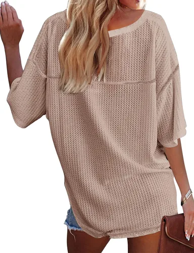 Vista 3 de MEROKEETY - Blusa de media manga con cuello en V, punto gofre y alas de murciélago para mujer, camiseta suelta de color sólido