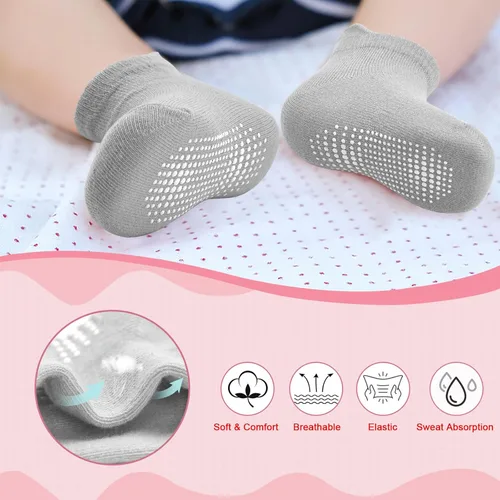 Vista 4 de Calcetines antideslizantes con agarre para bebés, niñas y niños, calcetines tobilleros para niños de 6 meses a 7 años, 12 pares