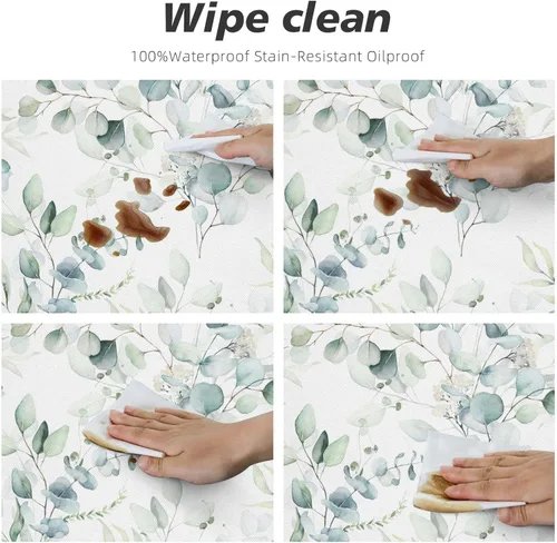 Vista 6 de Mantel elástico redondo con borde de hojas verdes salvia, ajustable para mesa de 45 a 50 pulgadas de diámetro