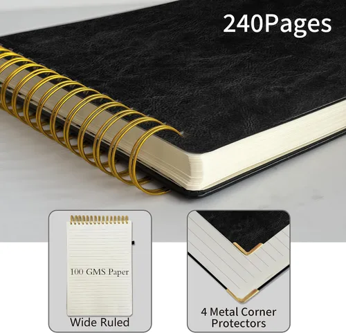 Vista 3 de Top - Cuaderno de espiral de 8.5 x 11 pulgadas, tamaño A4, de tapa dura, encuadernado en la parte superior, 240 páginas, papel rayado grueso de 3.53
