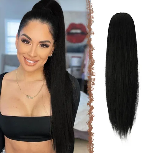Vista 10 de FESHFEN Extensiones de cola de caballo rectas, colas de caballo largas con cordón, cola de caballo sintética con clip para mujer, color negro