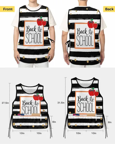 Vista 3 de Delantales de zapatero, color blanco y negro, con 2 bolsillos grandes para hombres y mujeres, diseño geométrico escolar con lazo de frutas y lunares