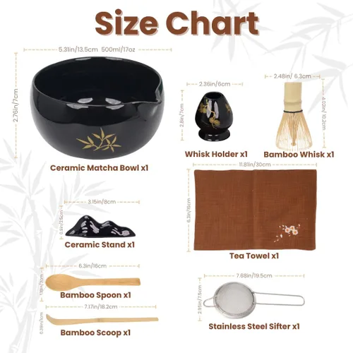 Vista 3 de Juego de batidor de matcha, 8 piezas de oro de flor de ciruelo para ceremonia de té japonesa, cuenco de cerámica con boquilla, batidor de bambú