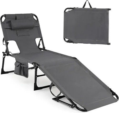 Vista 16 de Tangkula Silla de bronceado con agujero frontal, plegable y ajustable para patio, silla reclinable, para playa, tomar el sol, con bolsillo lateral
